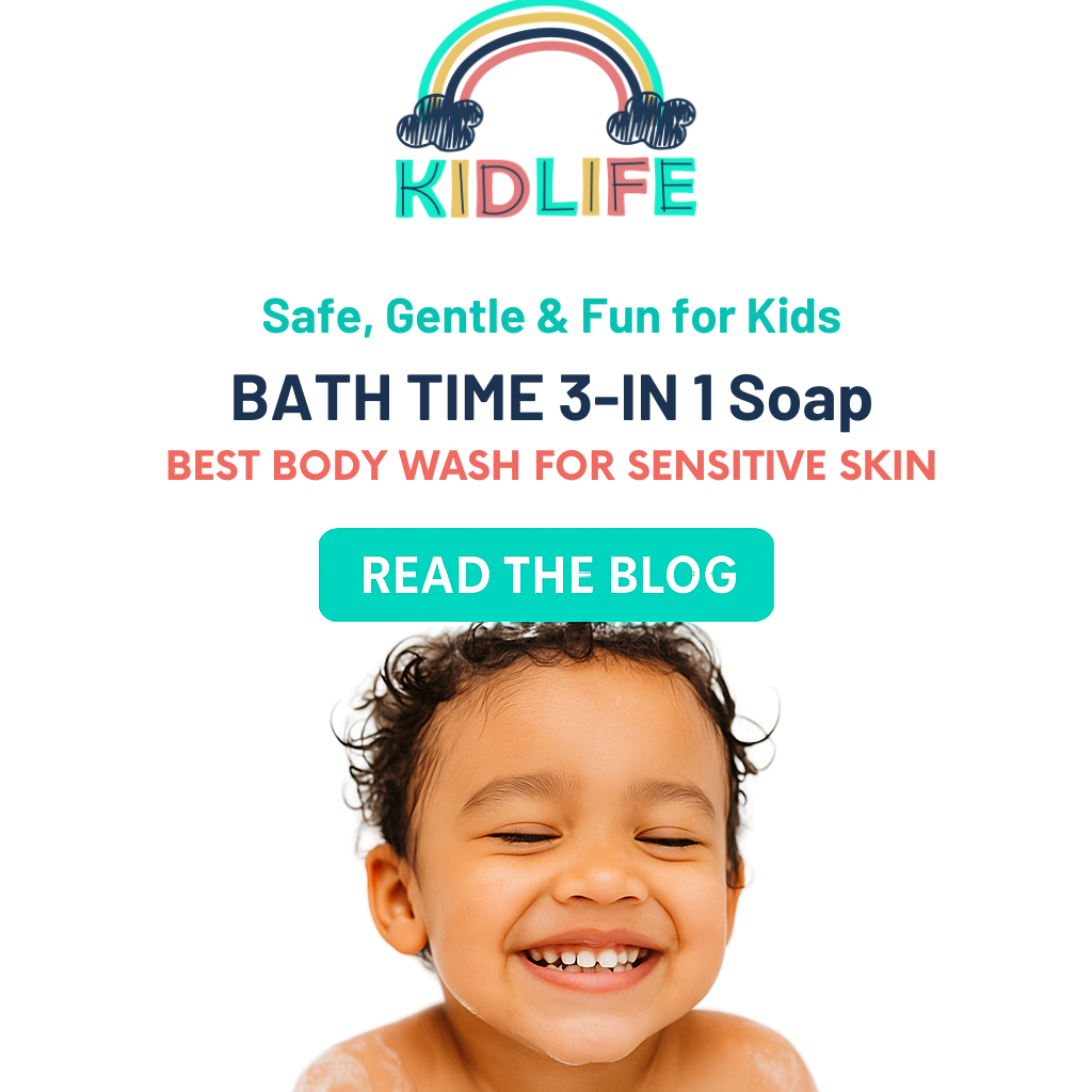 Kidlife Bath Time 3-in-1 soap marketing banner with smiling child and title text