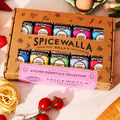 Spice container gift set with SpiceWalla tins in a brown cardboard Kitchen Essentials box