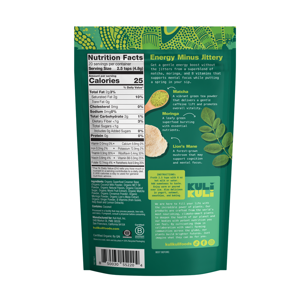 Back of green Kuli Kuli Matcha Moringa latte pouch with nutrition panel