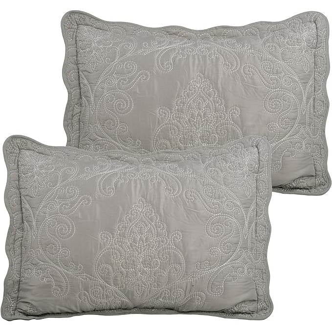 Ash gray damask embroidered square pillow shams with swirling scroll pattern