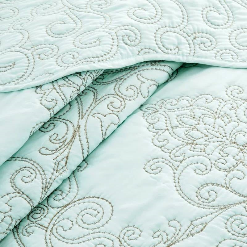 King size Light Blue Damask Embroidered 4 Piece Oversized Bedspread Set