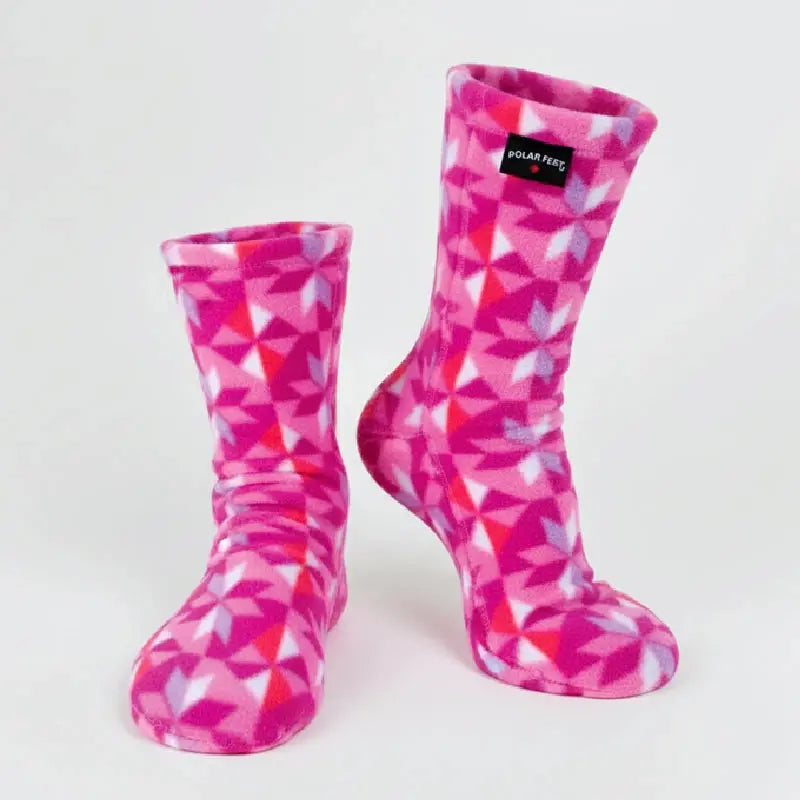 Pink and white fleece crew socks with geometric triangle kaleidoscope pattern