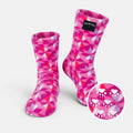 Kids fleece nonskid socks with pink triangle kaleidoscope pattern, paw-print grip sole