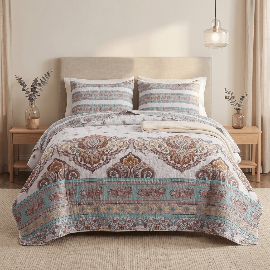White, blue, and burgundy paisley quilt set with matching pillow shams