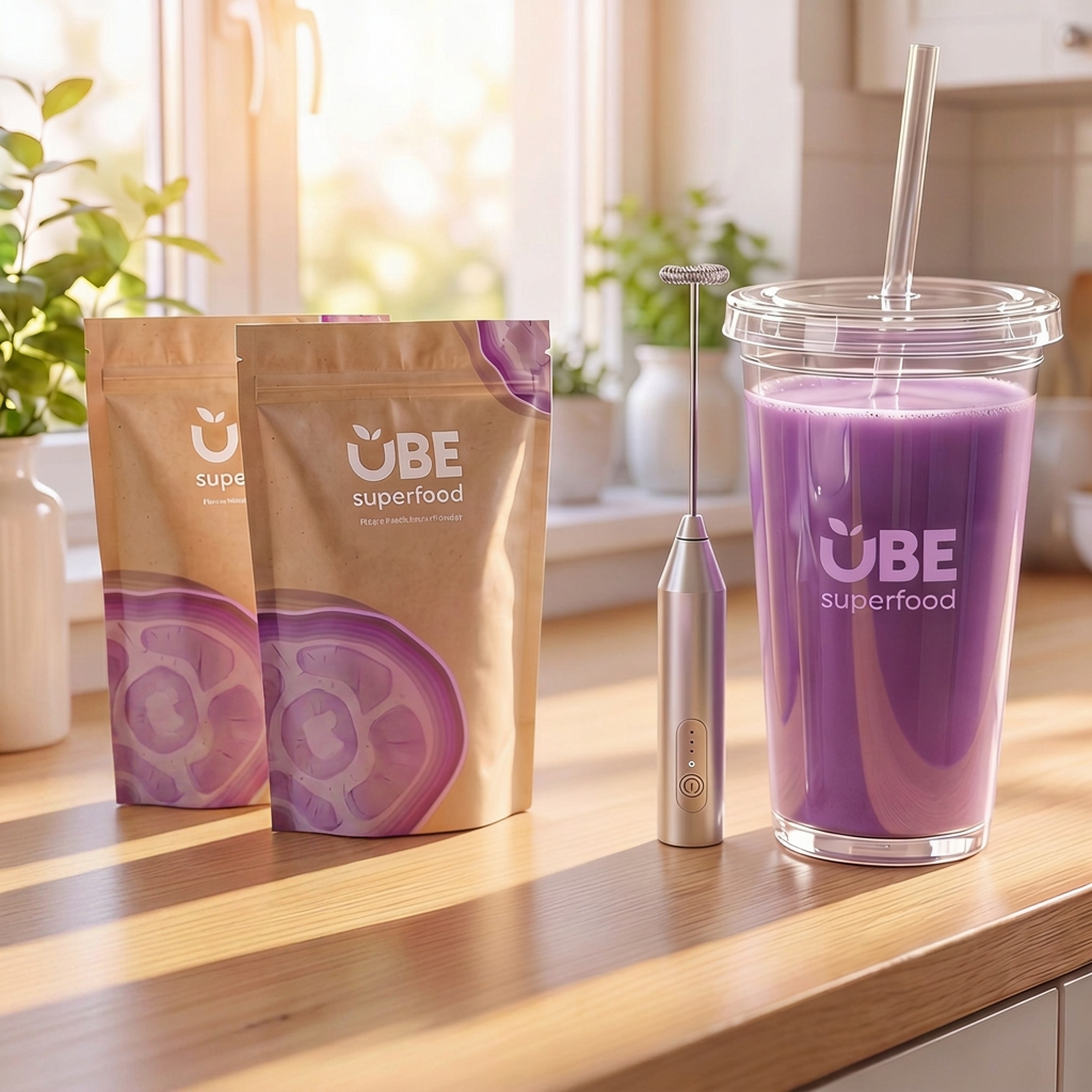 Ube powder pouches with frother and purple smoothie in a clear cup