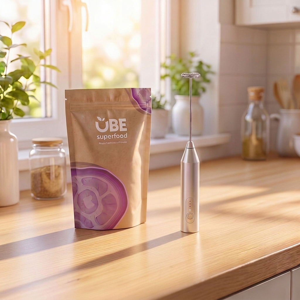 Organic ube powder pouch with a countertop milk frother