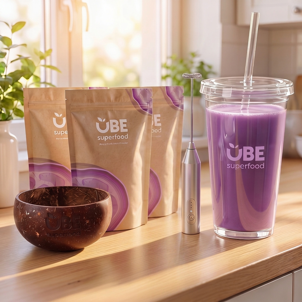 Ube powder pouches with frother and bowl of ube powder