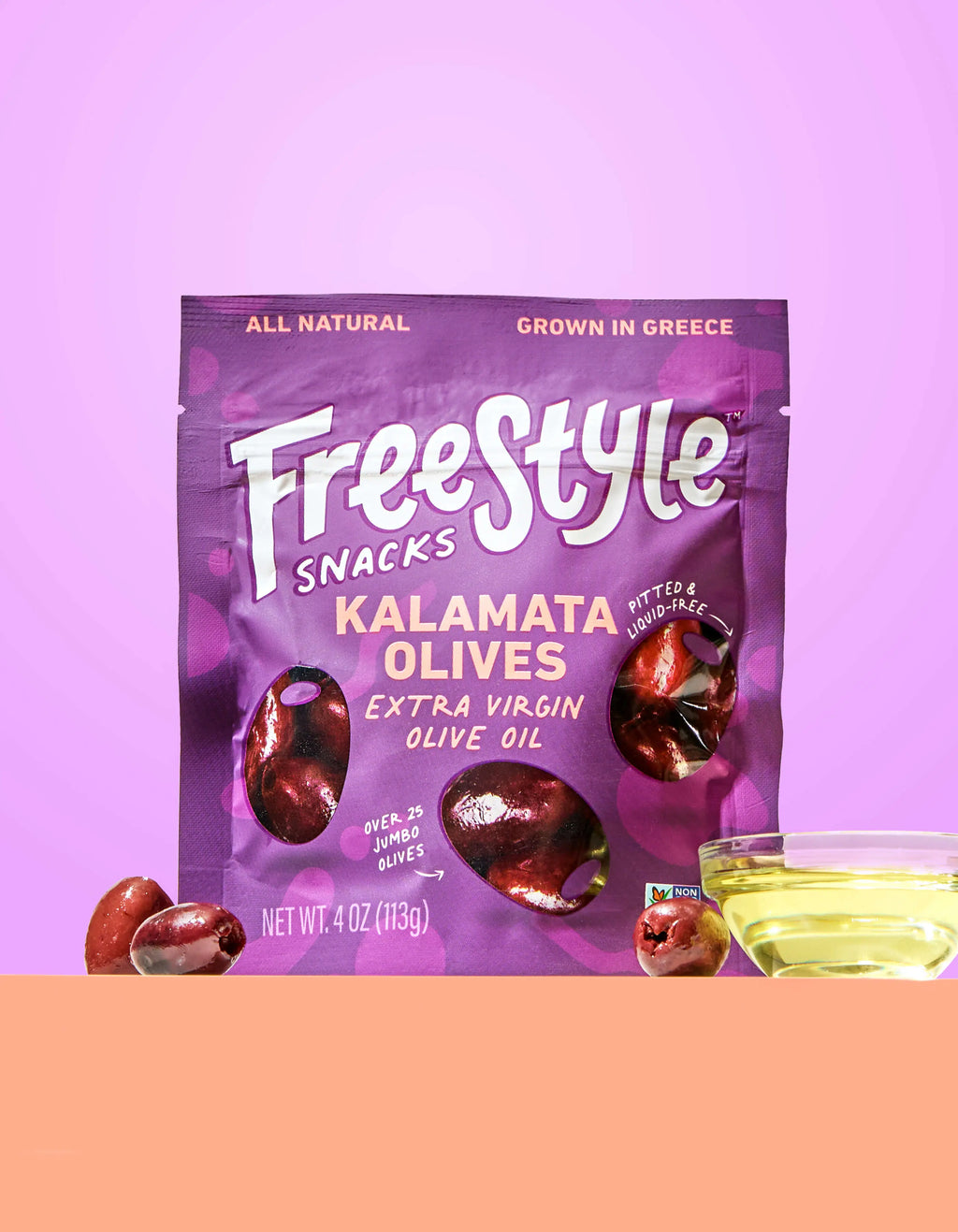 Kalamata olive snack bag with extra virgin olive oil, FreeStyle