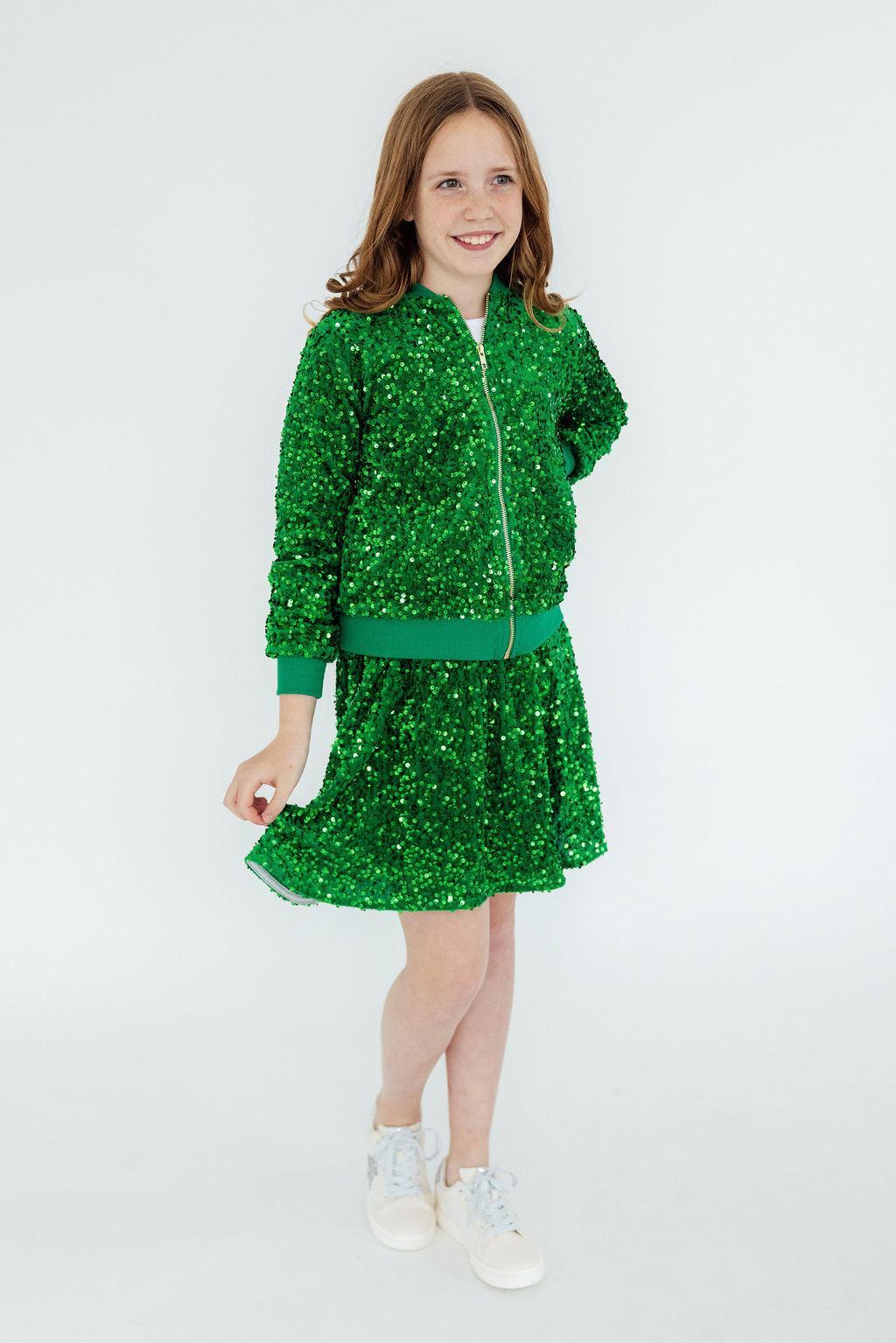 Green velvet sequin jacket with zip front and elastic cuffs