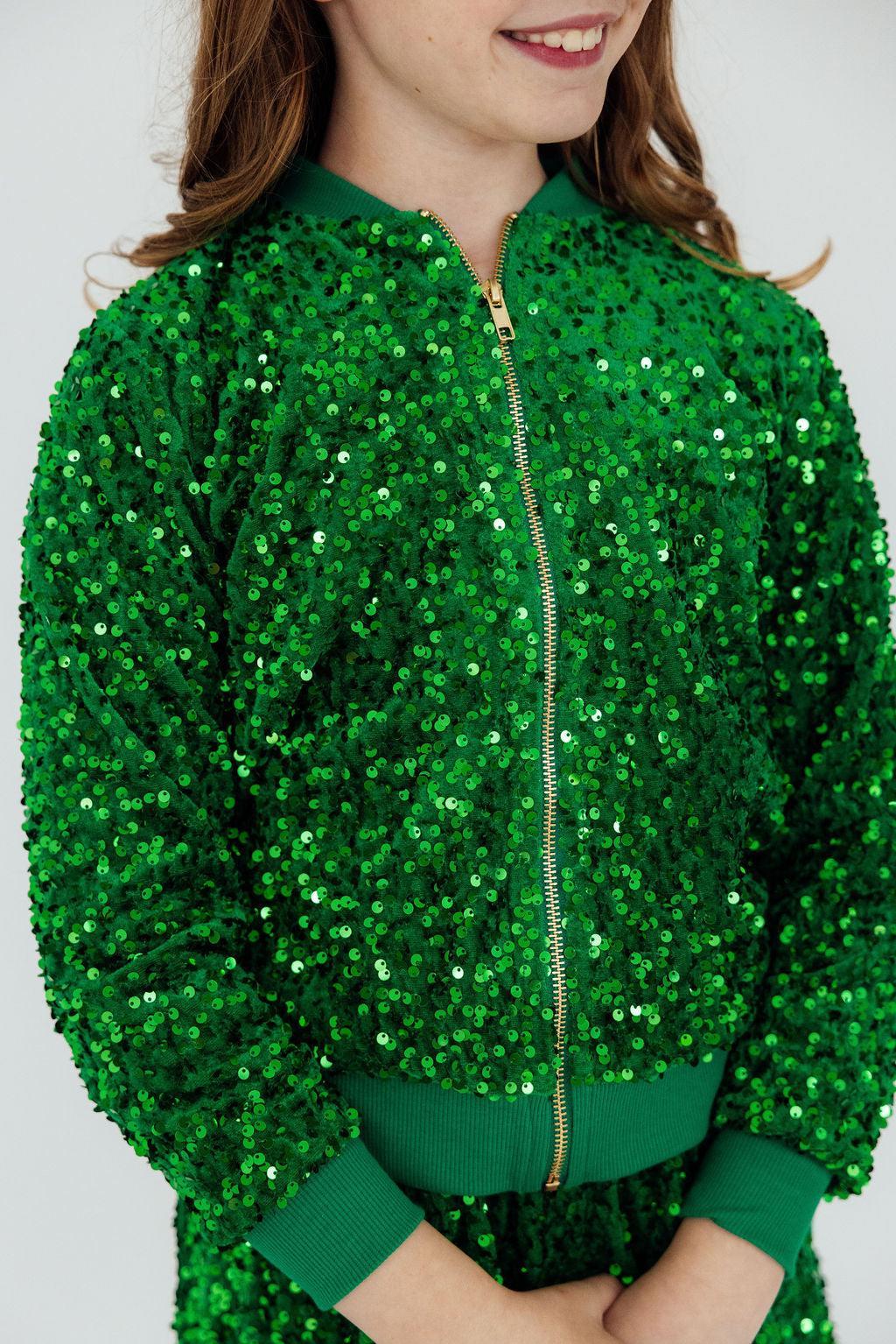 Green sequin velvet jacket with full-zip front and stand collar