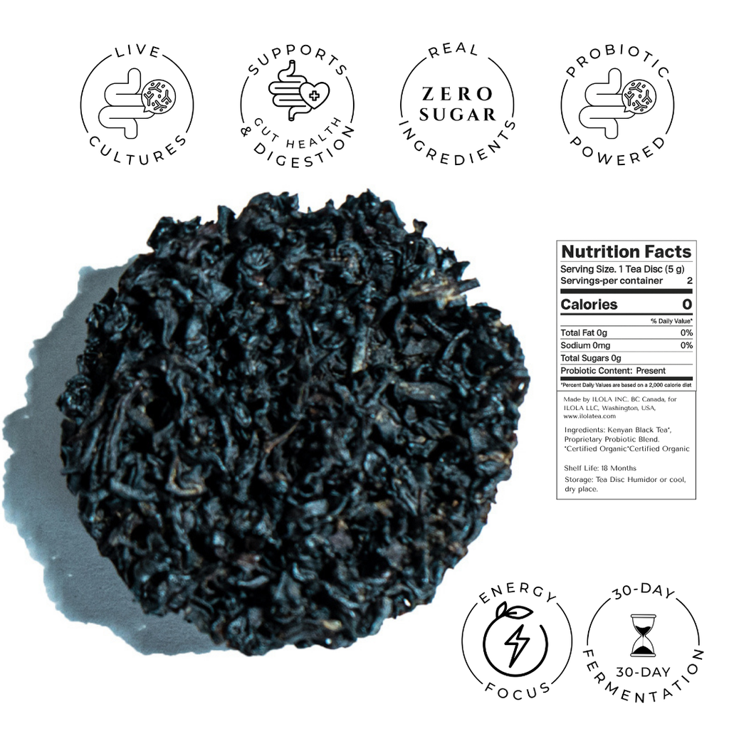 Kenyan No. 13 black tea disc shown beside nutrition facts and product claims