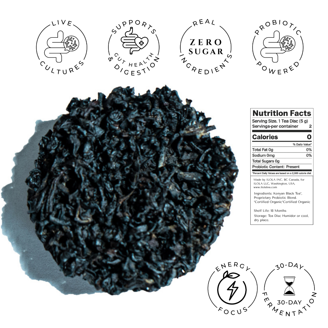 Kenyan No. 13 black tea disc shown beside nutrition facts and product claims