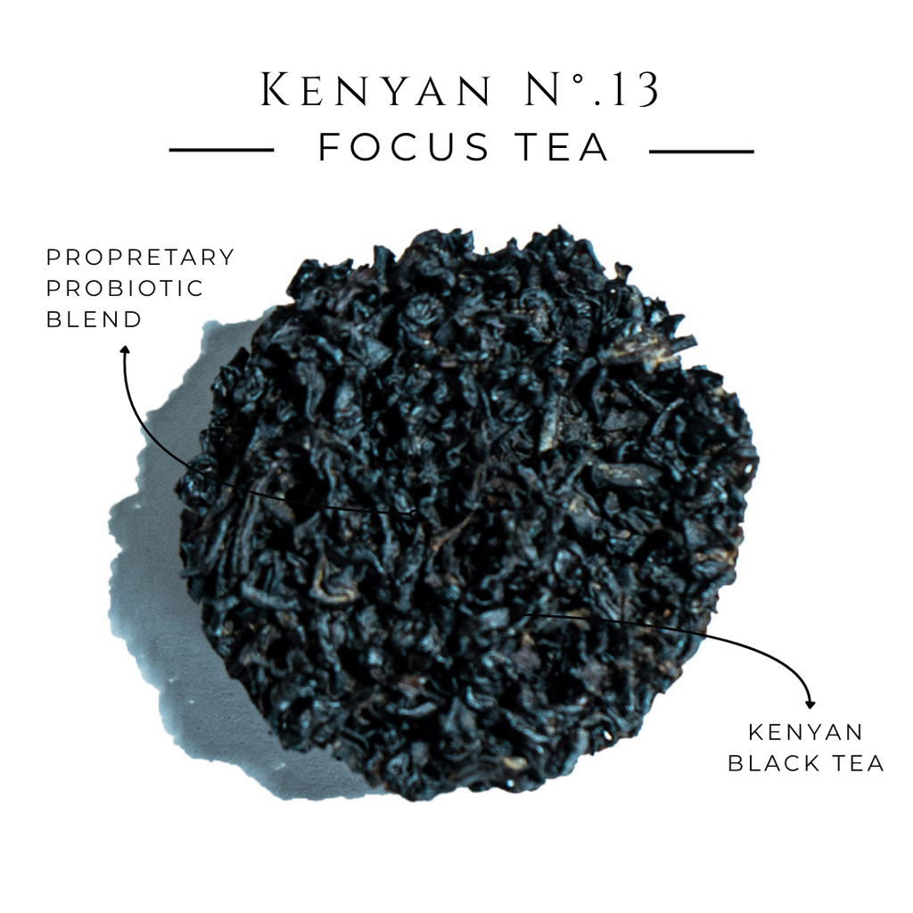 Kenyan No. 13 black tea disc with labels identifying the tea blend
