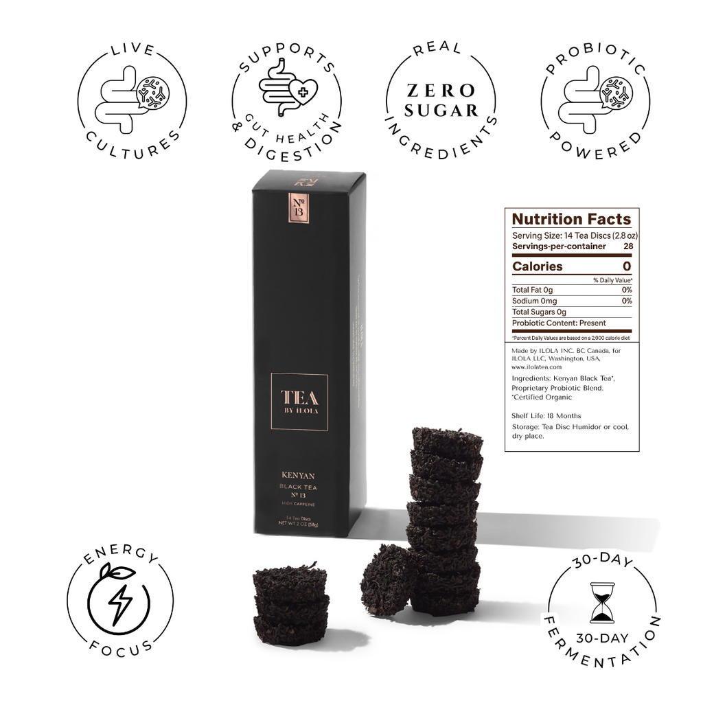 Kenyan No. 13 black tea box beside stacked tea discs and nutrition facts