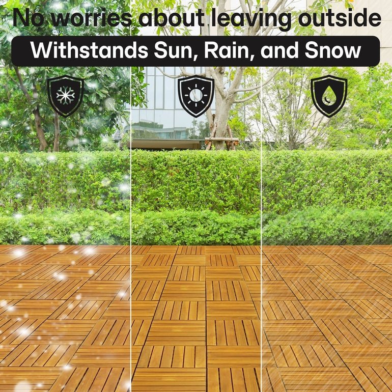 Tan wooden deck tiles with a slat grid pattern for outdoor use