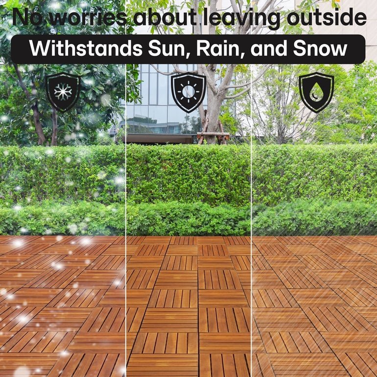 Outdoor wood deck tiles on patio, 6-slat interlocking flooring planks