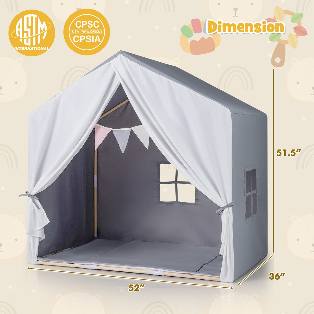 Kids play tent with white curtains and dark gray interior, front view
