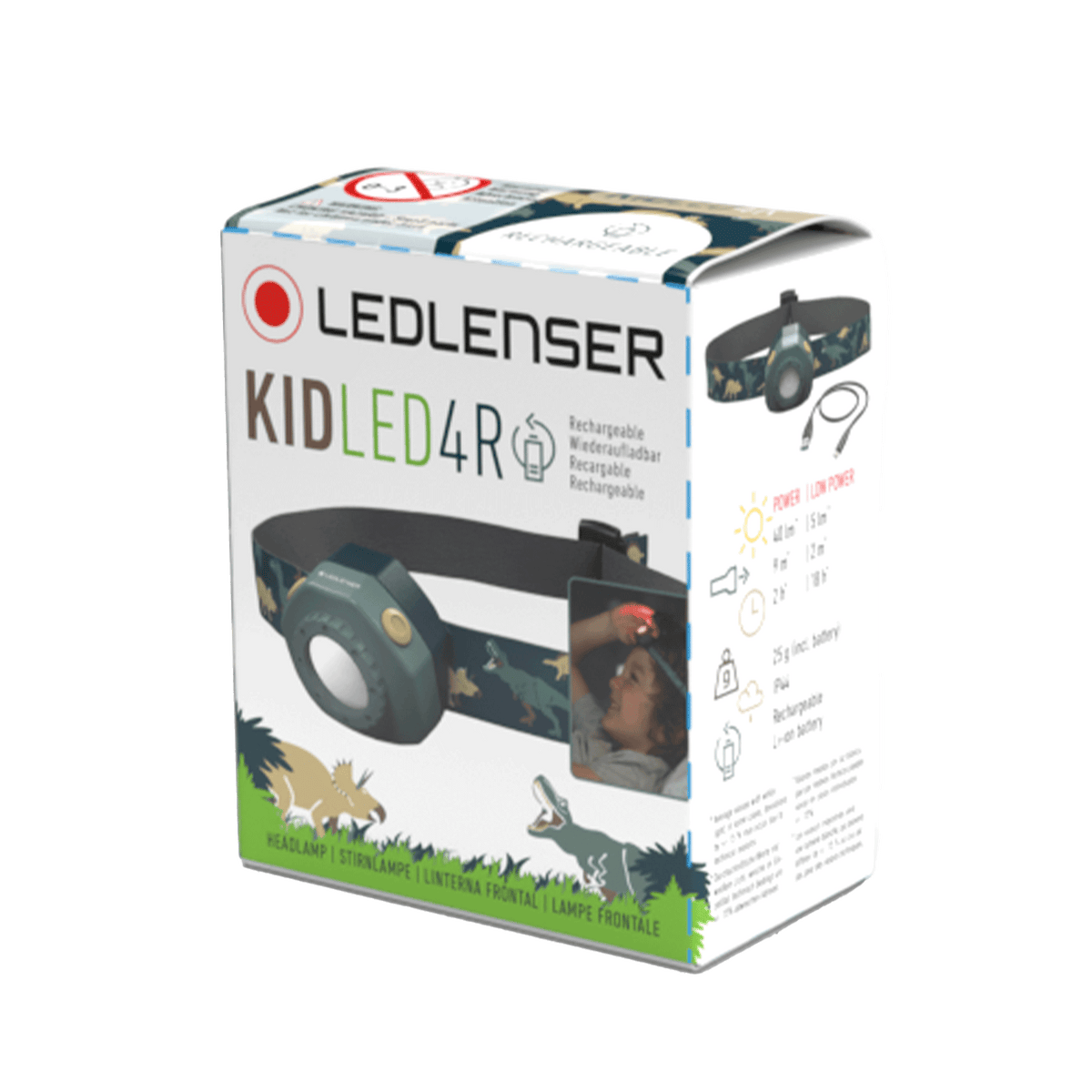 Retail box for Kidled4R rechargeable kids headlamp with animal print
