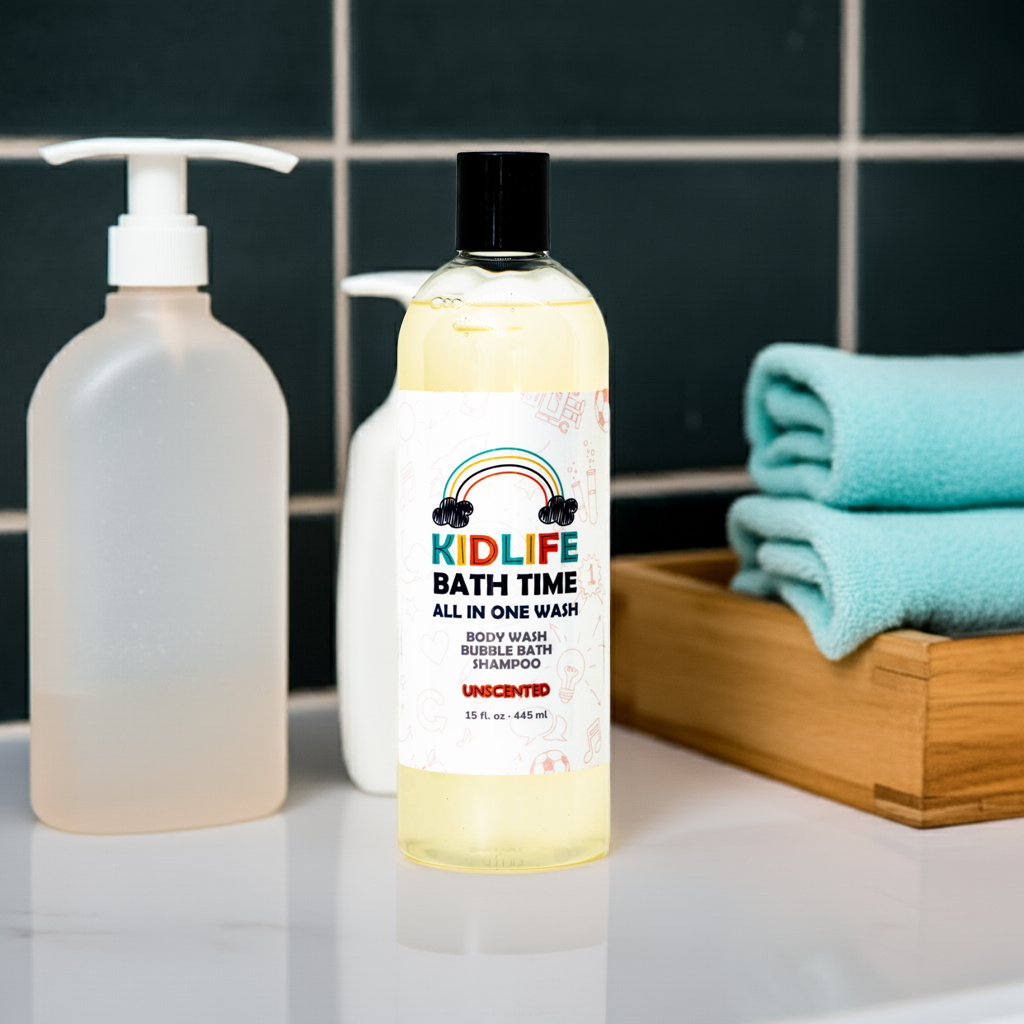 Kidlife Bath Time 3-in-1 unscented bottle on bathroom counter with folded towels