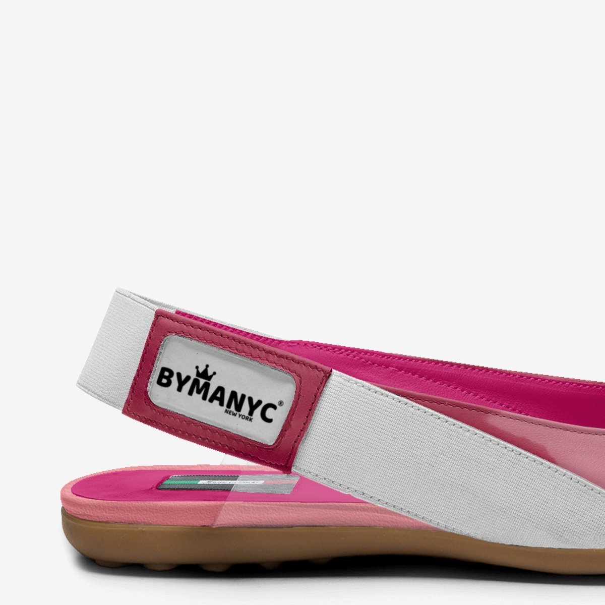 Kids' vegan ballerina flats pink with white strap panel and BYMANYC label