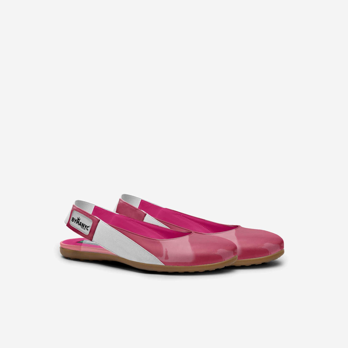 Kids' vegan ballerina flats pink with glossy finish, white trim, tan flat sole