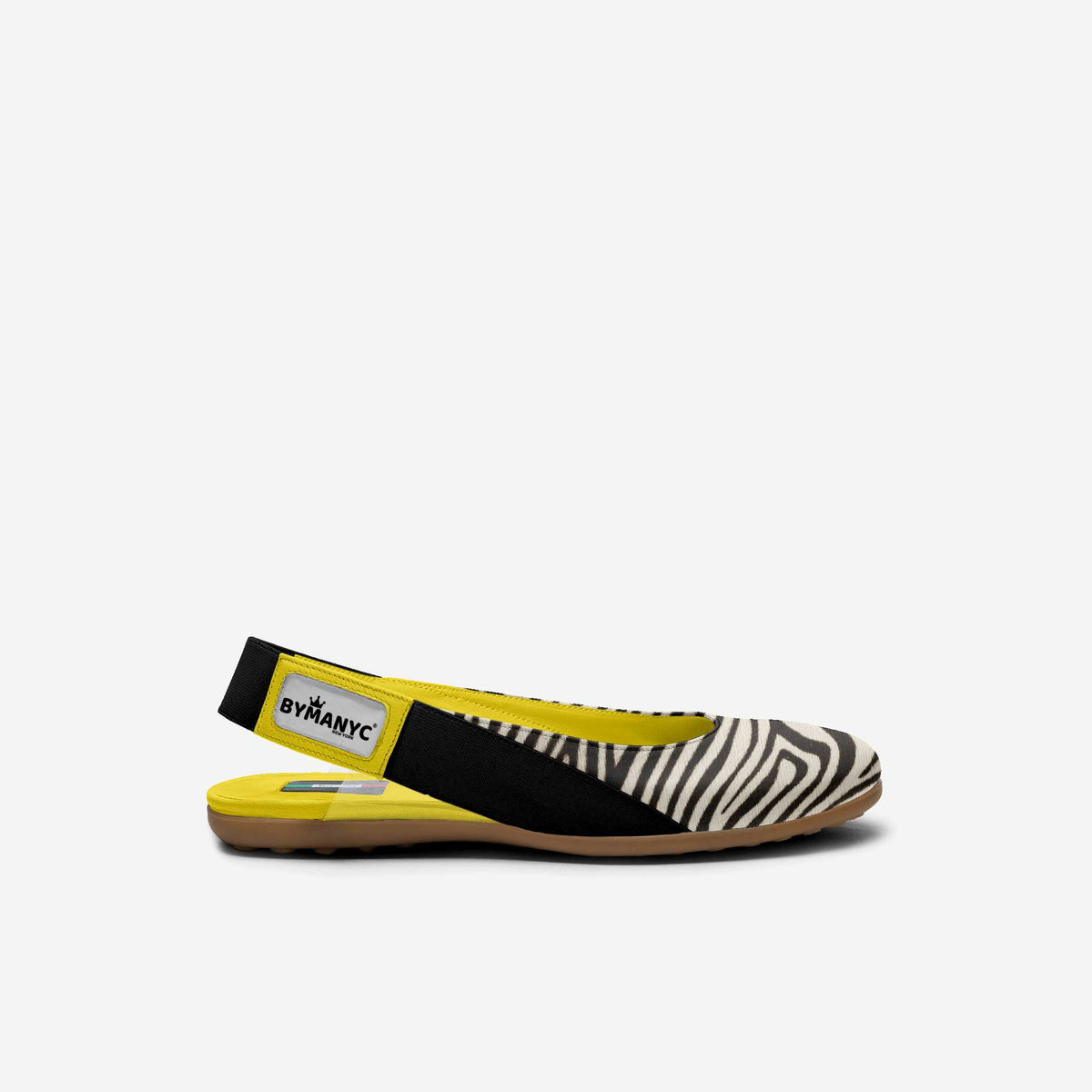 Kids' BYMANYC ballerina flats in zebra print with black strap and yellow trim