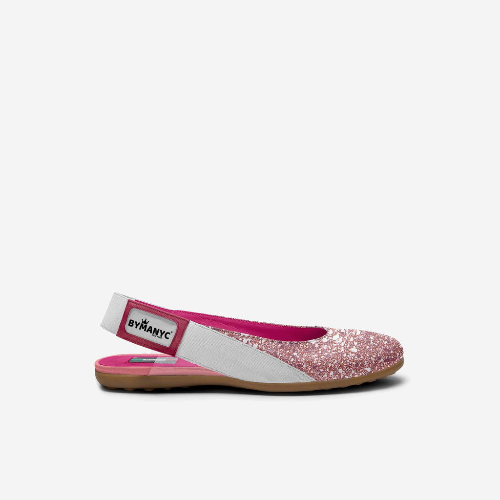Kids' pink glitter ballerina flats with white elastic strap and magenta lining