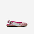 Kids' pink glitter ballerina flats with white elastic strap and magenta lining