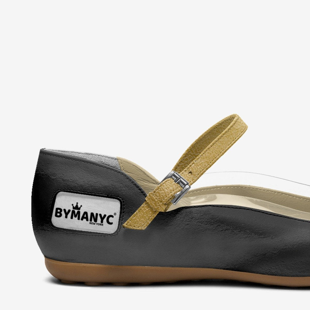 Black kids ballet flats with gold strap buckle and ByMANYC label