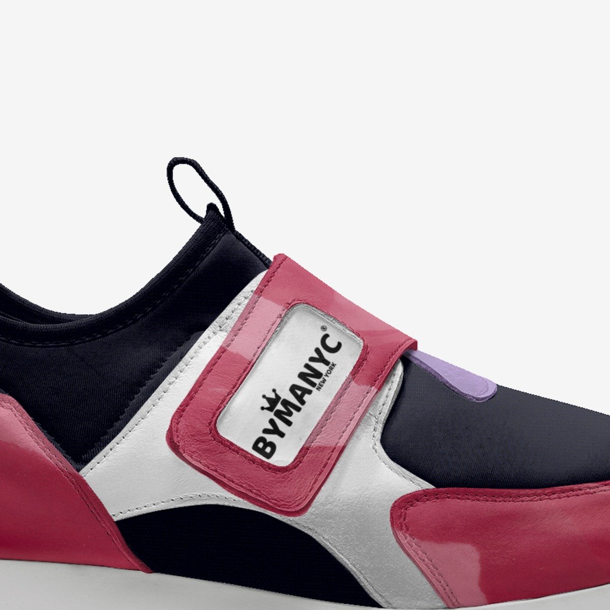 Velcro strap sneaker upper in pink, navy, and white with BVMANYC logo