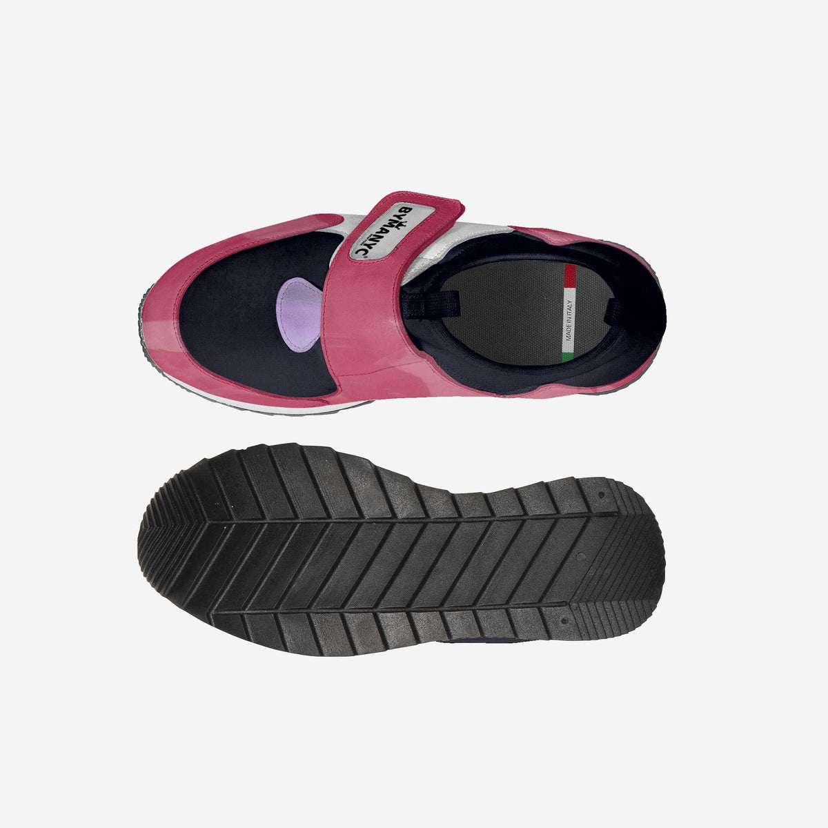 Kids' sneakers showing side and tread sole, pink and navy colorblock