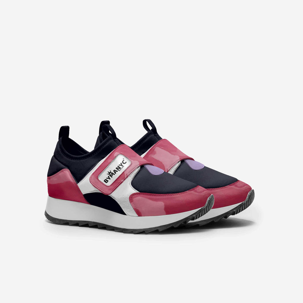 Kids' vegan sneakers with BVMANYC velcro strap, pink and navy chunky sole