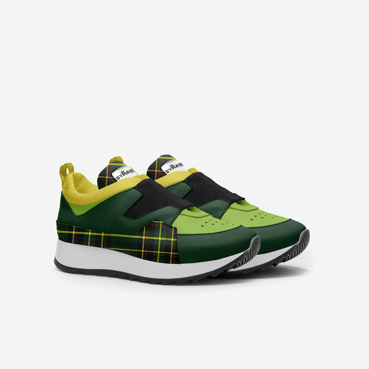 Kids' vegan sneakers, green and black, plaid panels, hook-and-loop strap