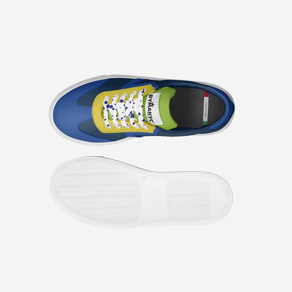 Kids' vegan sneakers, white outsole with textured tread and blue upper underside