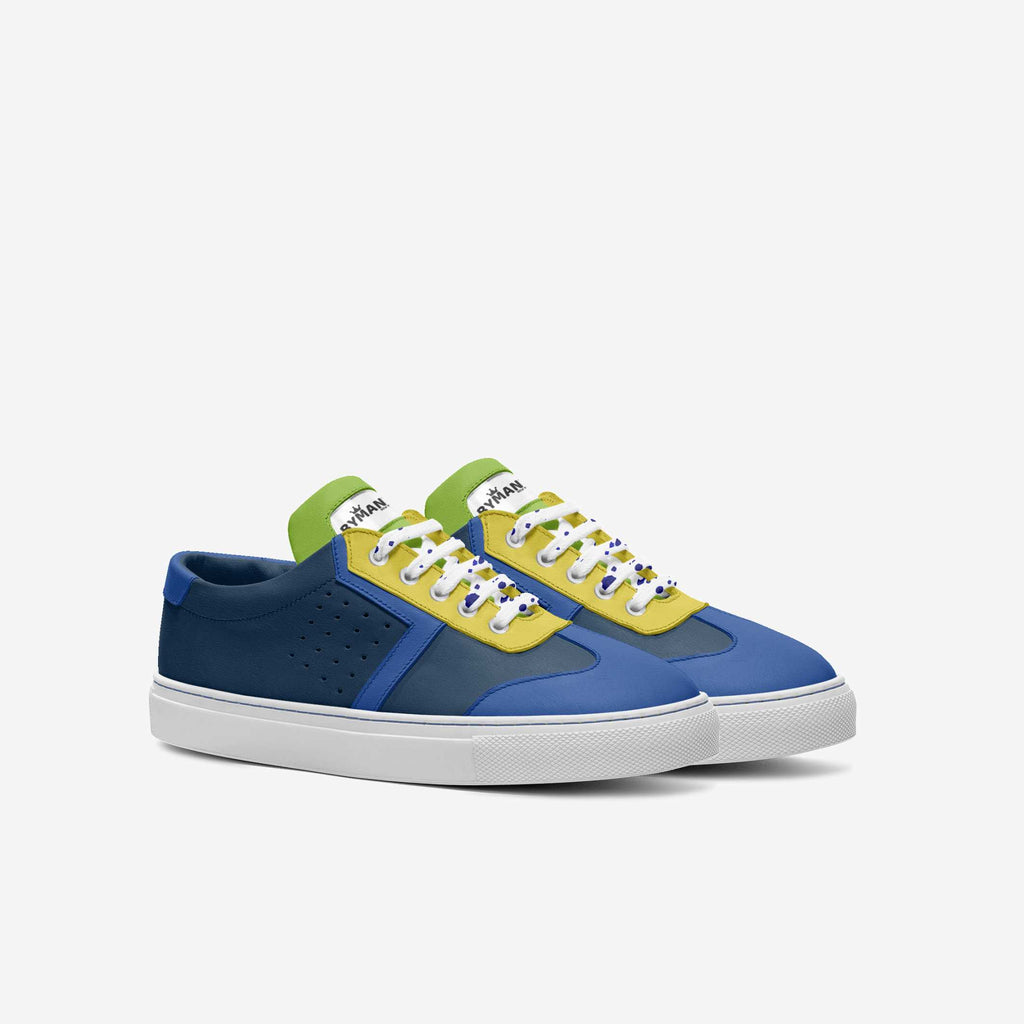 Kids' vegan sneakers, navy blue low-top with yellow toe panel and green heel tab