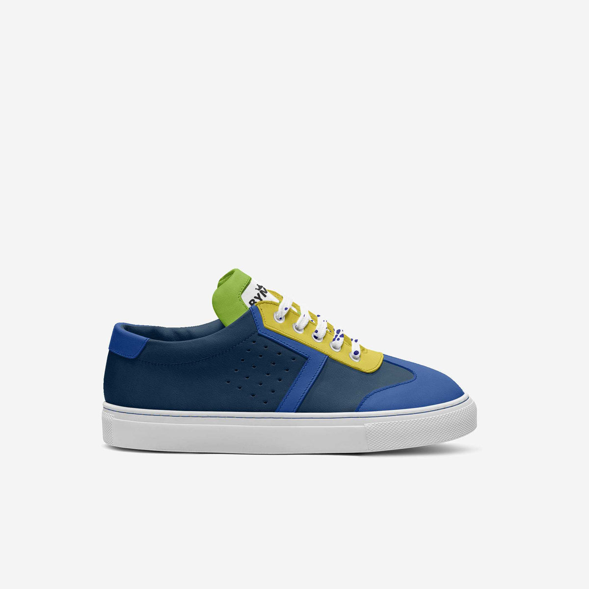 Kids' vegan sneakers, navy blue with yellow, green panels and white laces