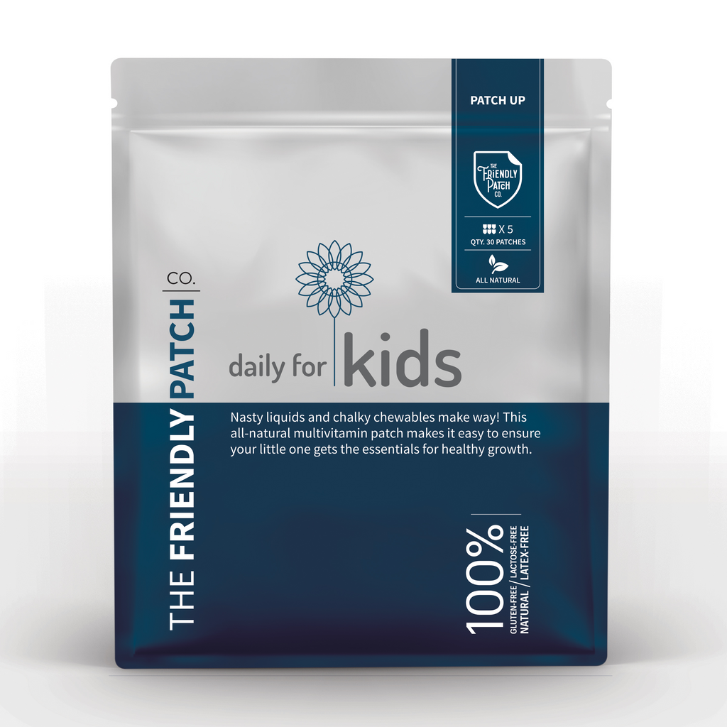 Kids vitamin patch pouch, white and dark blue with 'patch up' badge