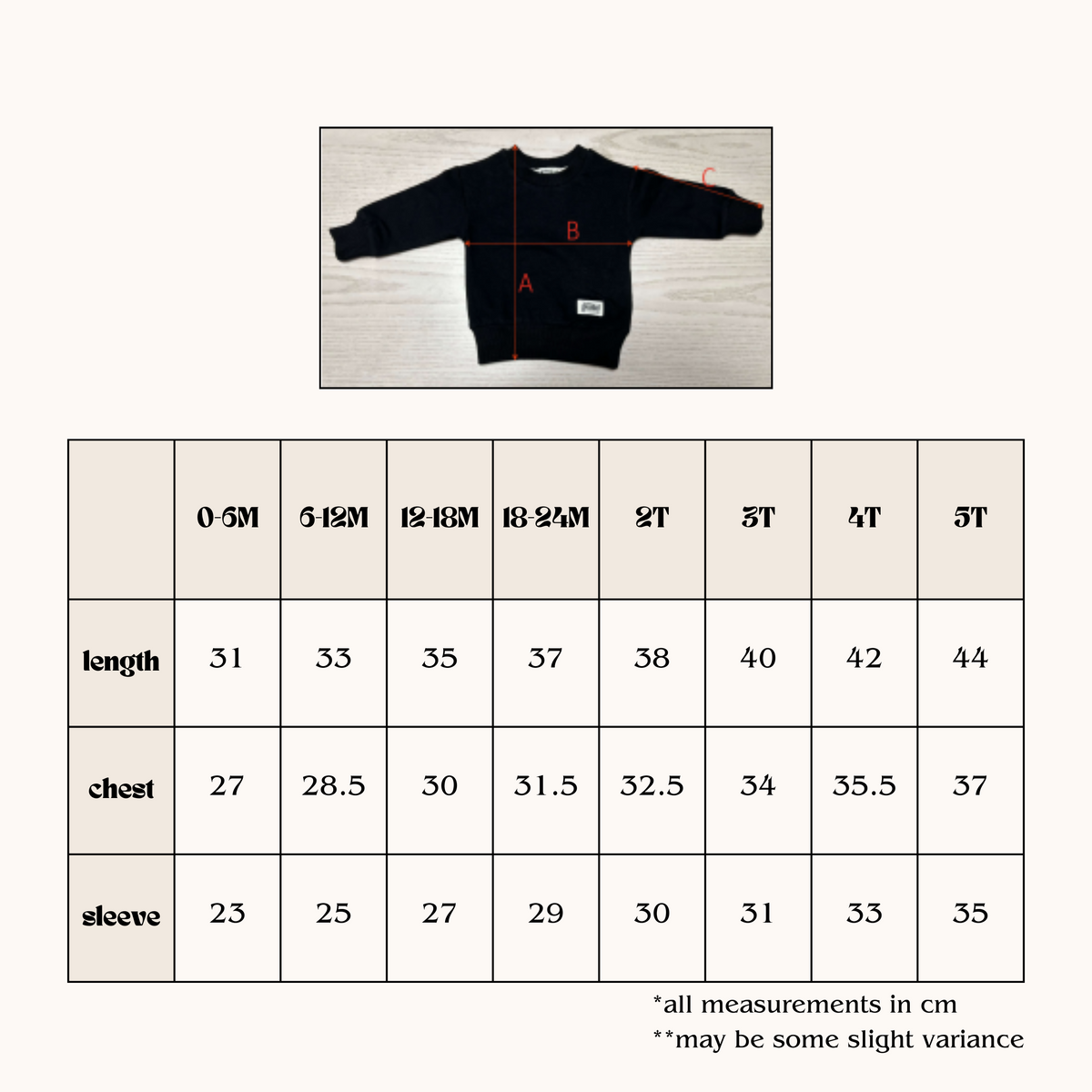 Kids pullover size chart (0-6M to 5T) with length, chest, sleeve in cm.