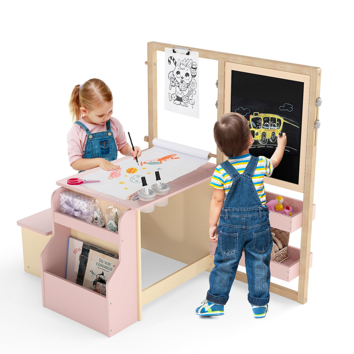 Kids art center with wooden desk, chalkboard panel, and built-in supply bins