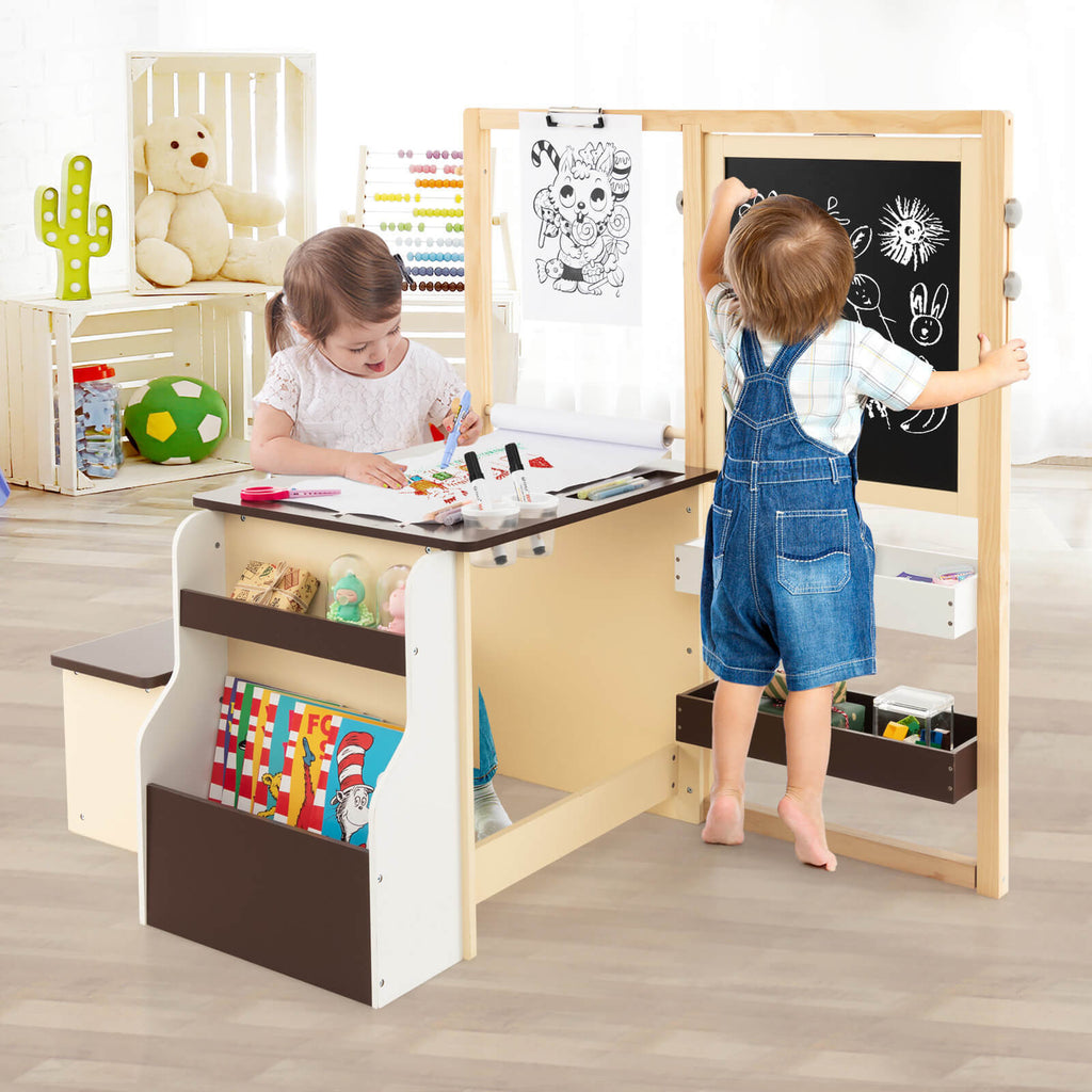Kids art center with wooden table, chalkboard, and storage shelves for supplies