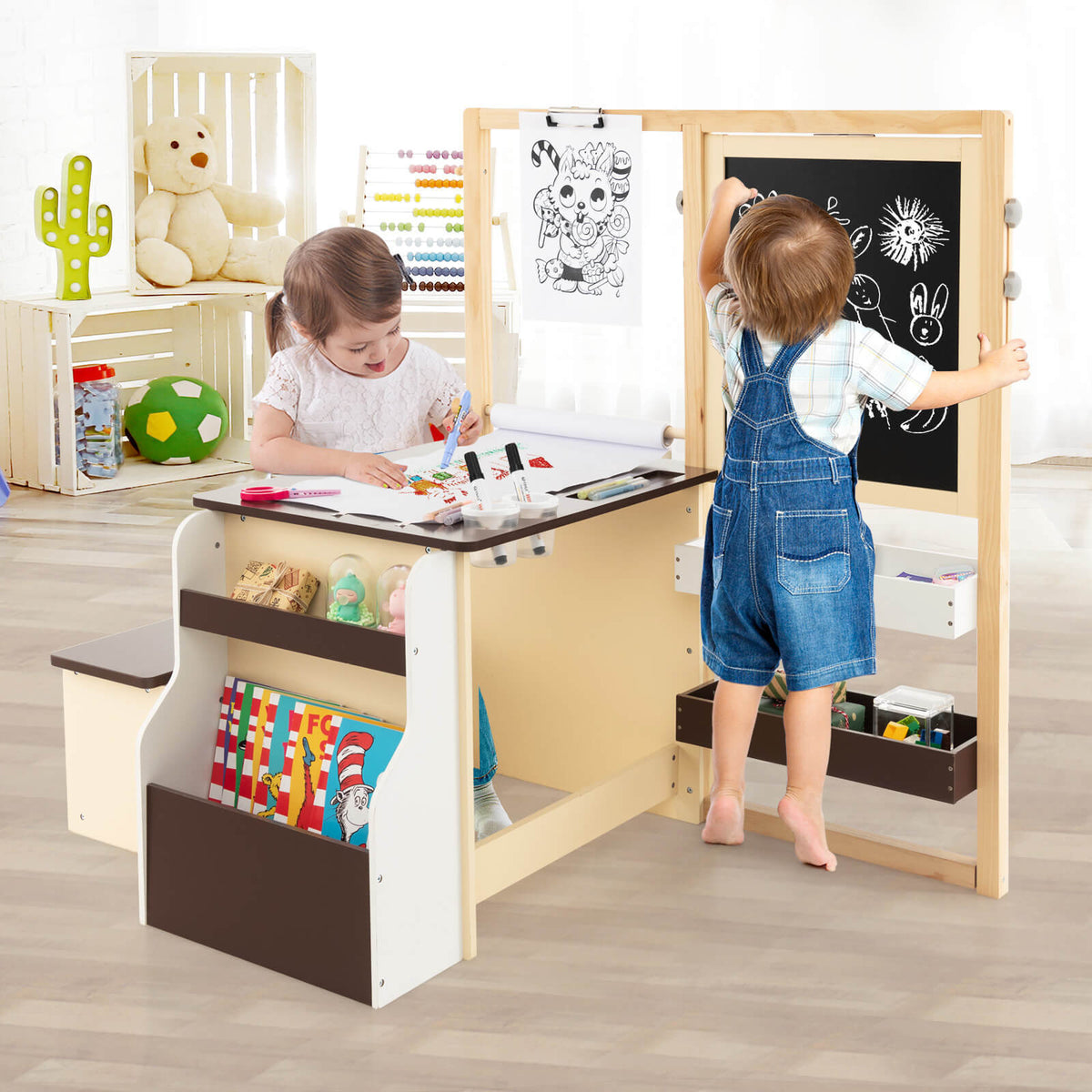Kids art center with wooden table, chalkboard, and storage shelves for supplies