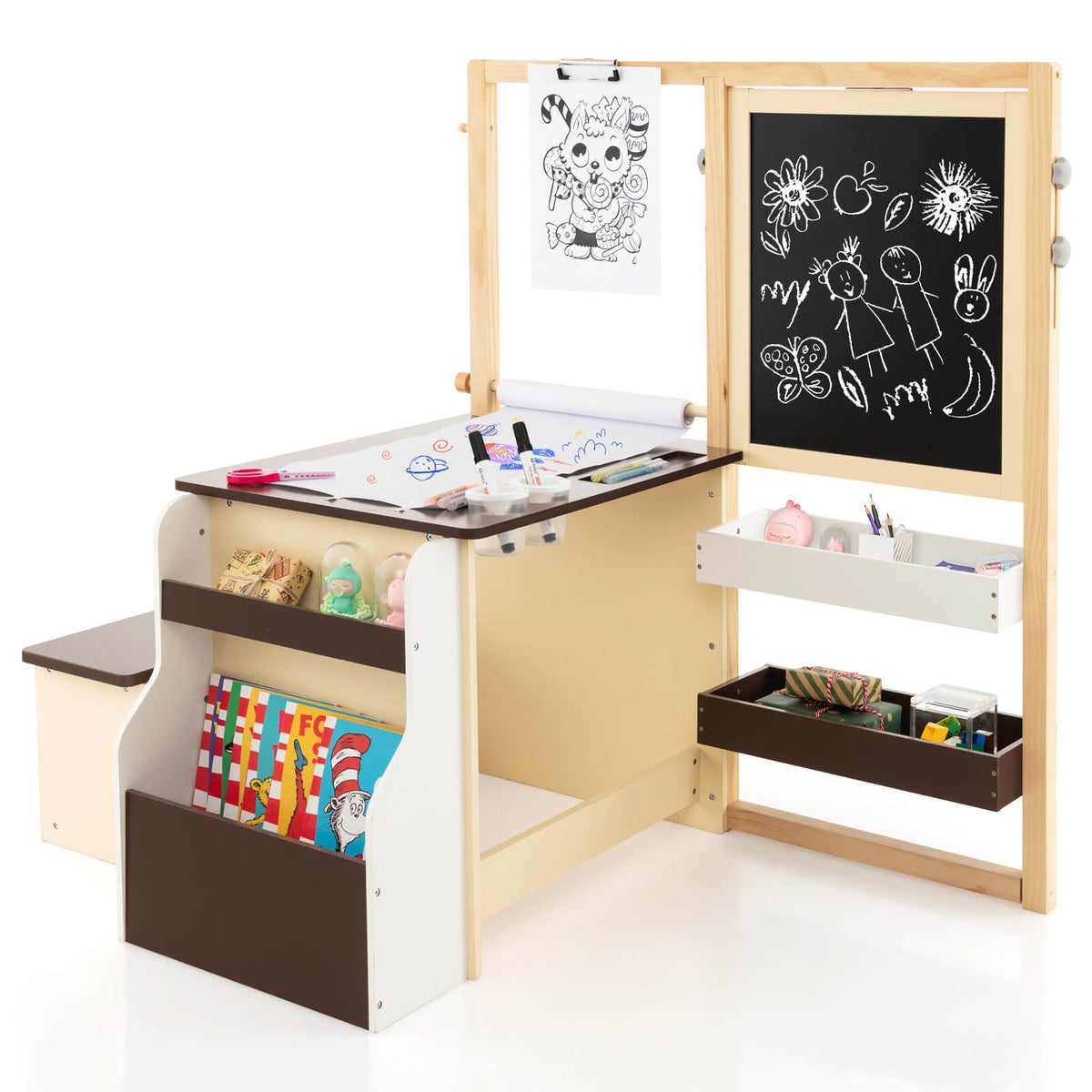 Wooden kids art table with open compartments and double board display for drawing