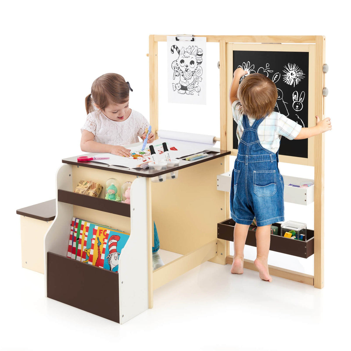 Kids art center set: wooden table with chalkboard panel and side storage bench