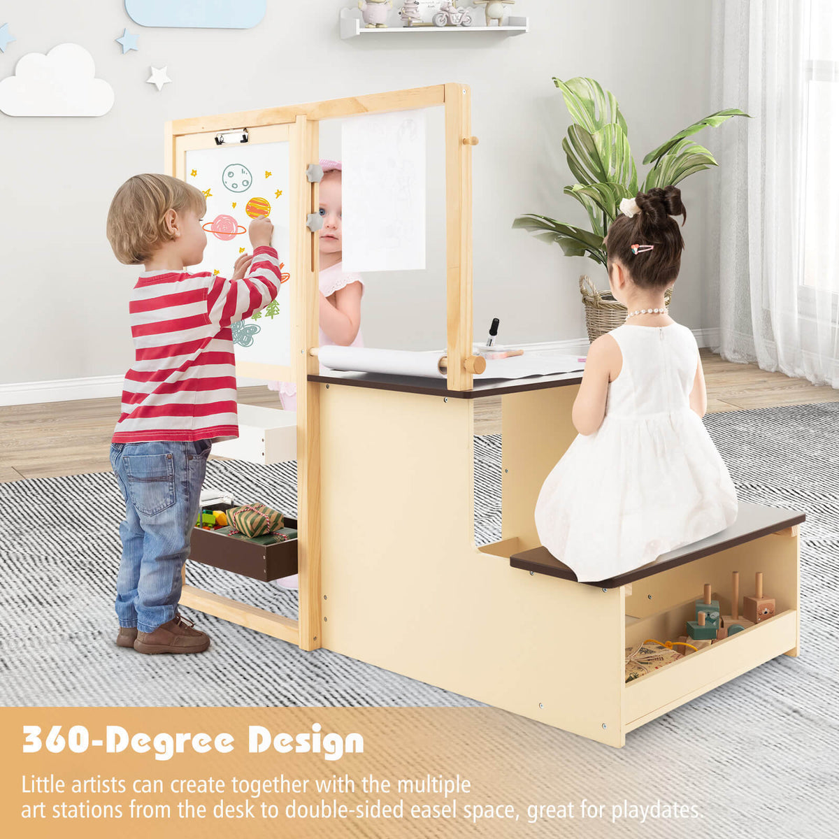Wooden art center play station with easel-style board and front storage bench