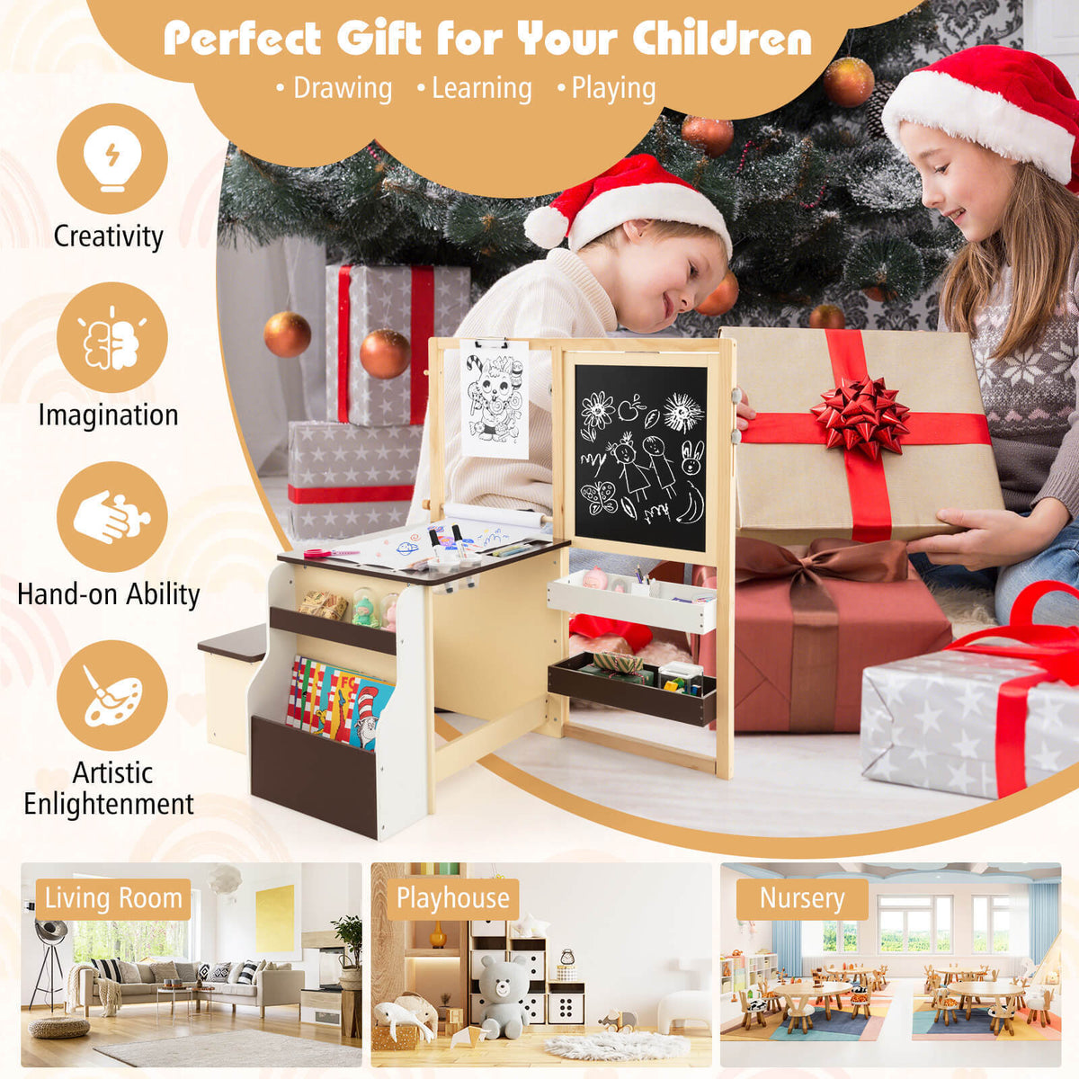 Kids wooden art center with chalkboard and tabletop storage for drawing and learning