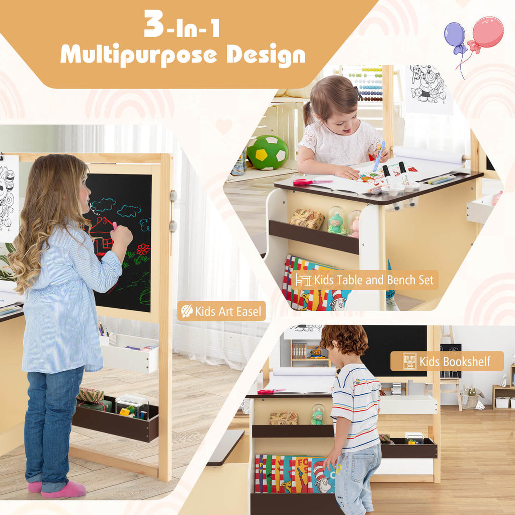 Kids art table and easel combo with chalkboard, paper clips, and storage compartments