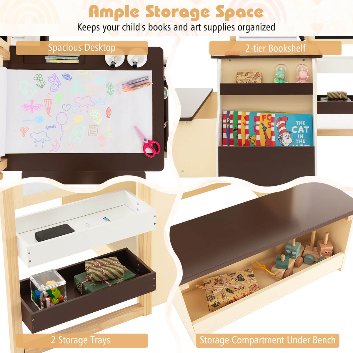 Wooden kids art center with large tabletop and two storage trays under the bench