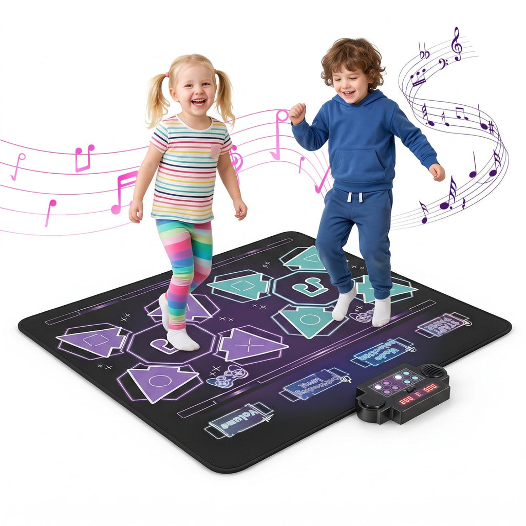 Electronic kids dance mat with music and star icons as two children step on it
