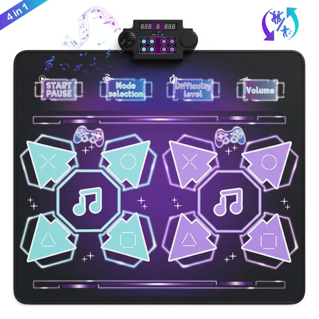 Electronic kids dance mat control panel with button layout and glowing music-themed graphics