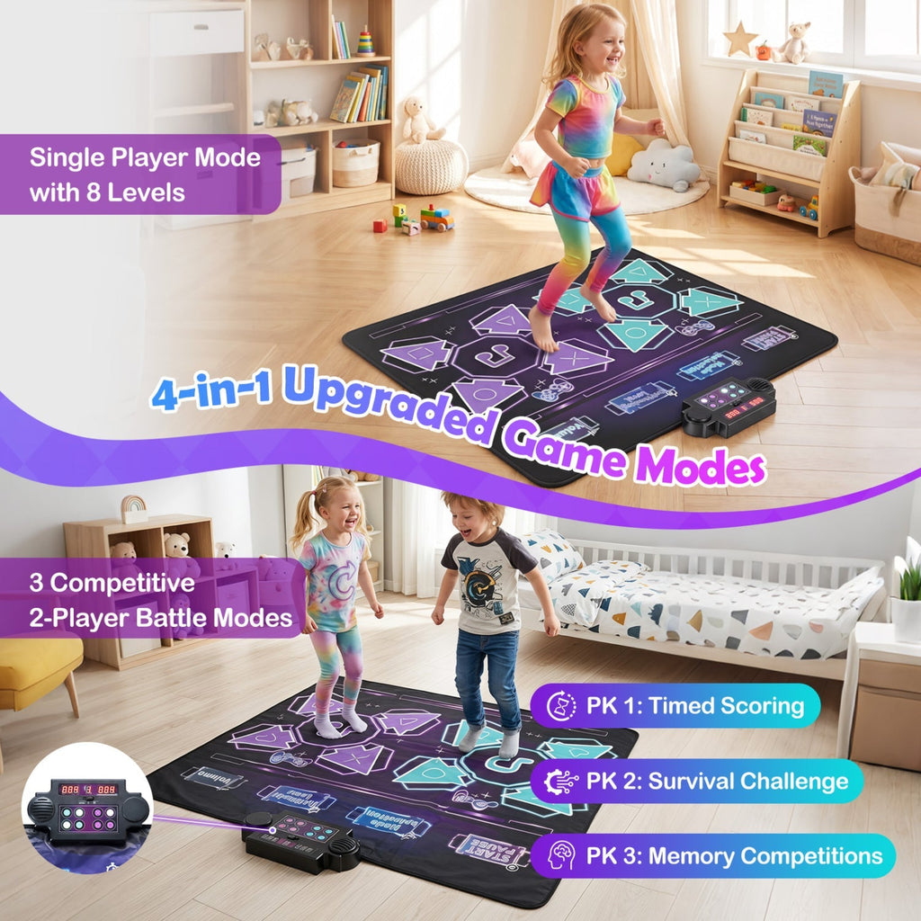 Electronic kids dance mat on floor with children playing and a black controller module
